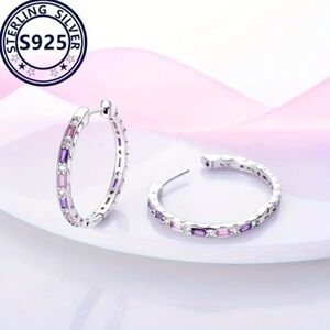 S925 Sterling Silver Pink @ Purple Hoop Hypoallergenic Earrings - New